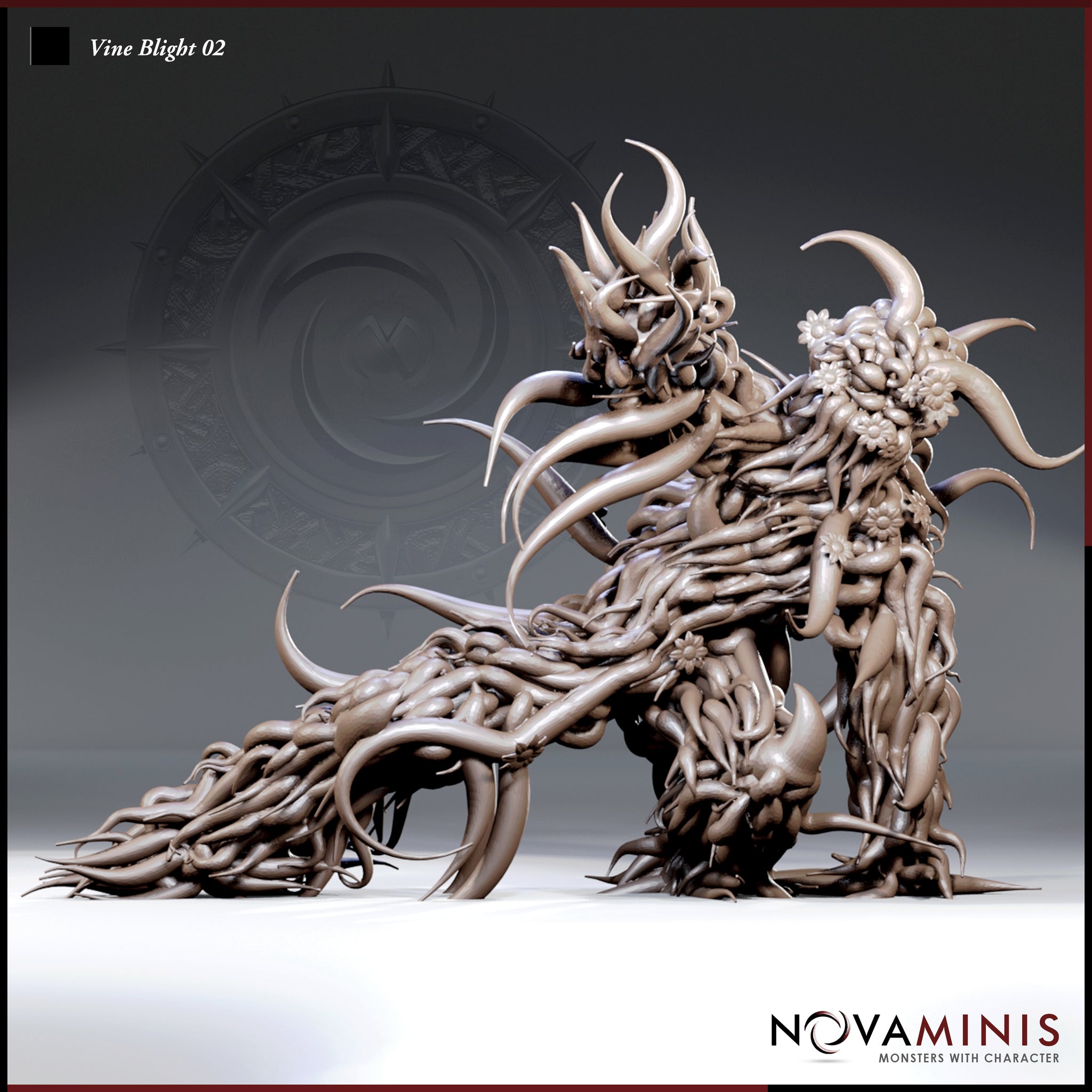 Digital render of the Vine Blight 02 miniature by Novaminis — a large plant creature composed of thick writhing vines, hooked thorns, and curling tendrils surging forward in an aggressive pose, with clusters of blighted flowers and great curving horn-like protrusions of twisted bark rising from its crown, shown at three-quarter angle on a plain white surface