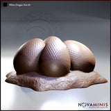 Digital render of a White Dragon Nest miniature by Novaminis, showing three large scale-textured dragon eggs clustered together on a rough rocky base, viewed from a slightly elevated front angle. The eggs display a detailed diamond-pattern scale texture across their upper surfaces with smoother undersides. Warm brown and pale mauve tones across the sculpt.