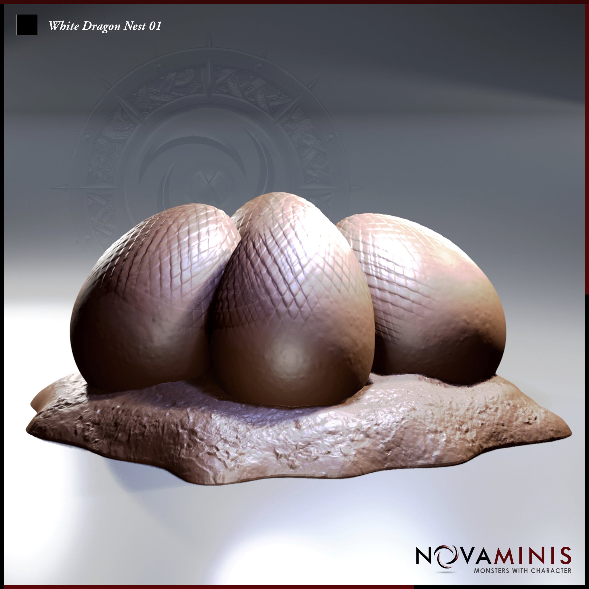 Digital render of a White Dragon Nest miniature by Novaminis, showing three large scale-textured dragon eggs clustered together on a rough rocky base, viewed from a slightly elevated front angle. The eggs display a detailed diamond-pattern scale texture across their upper surfaces with smoother undersides. Warm brown and pale mauve tones across the sculpt.
