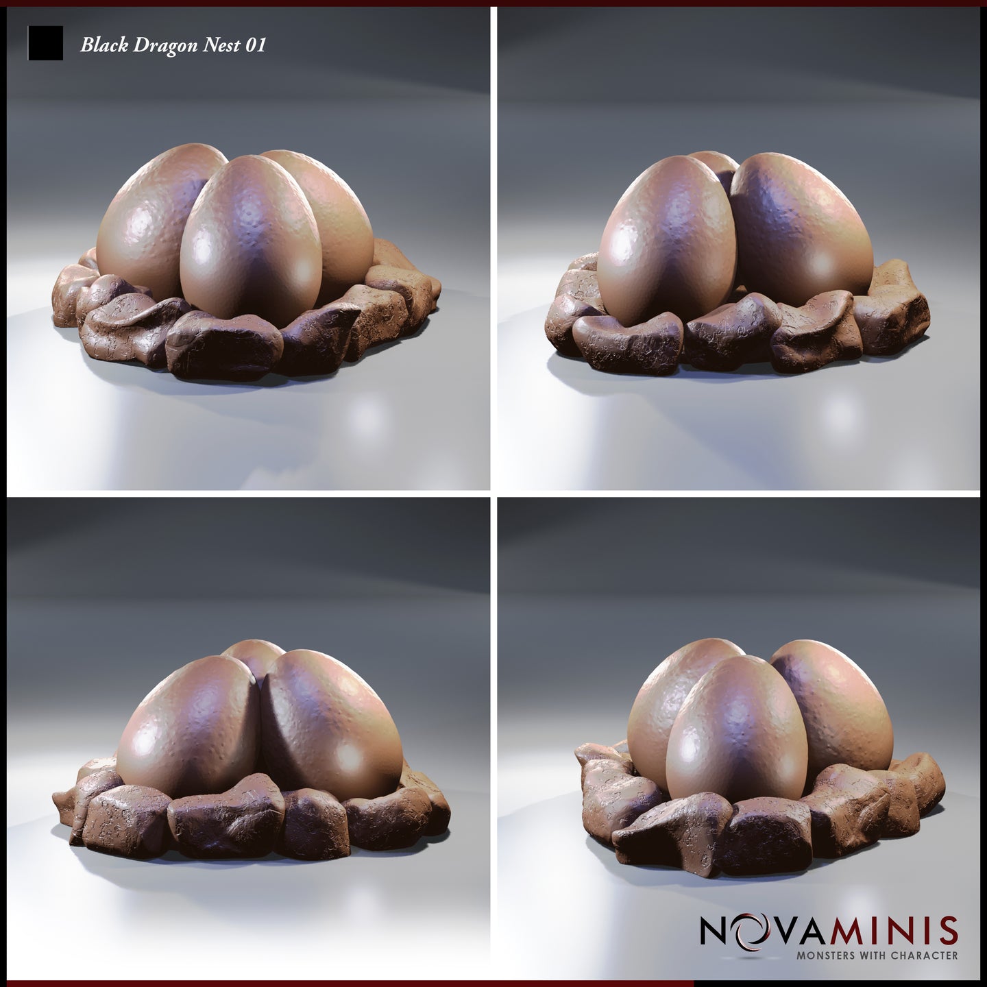 Four-angle digital render of the Black Dragon Nest miniature by Novaminis, showing the three dragon eggs and rocky nest base from the front, rear, and both sides, highlighting the textured shell detail and nest construction