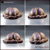 Four-angle digital render of the Black Dragon Nest miniature by Novaminis, showing the three dragon eggs and rocky nest base from the front, rear, and both sides, highlighting the textured shell detail and nest construction