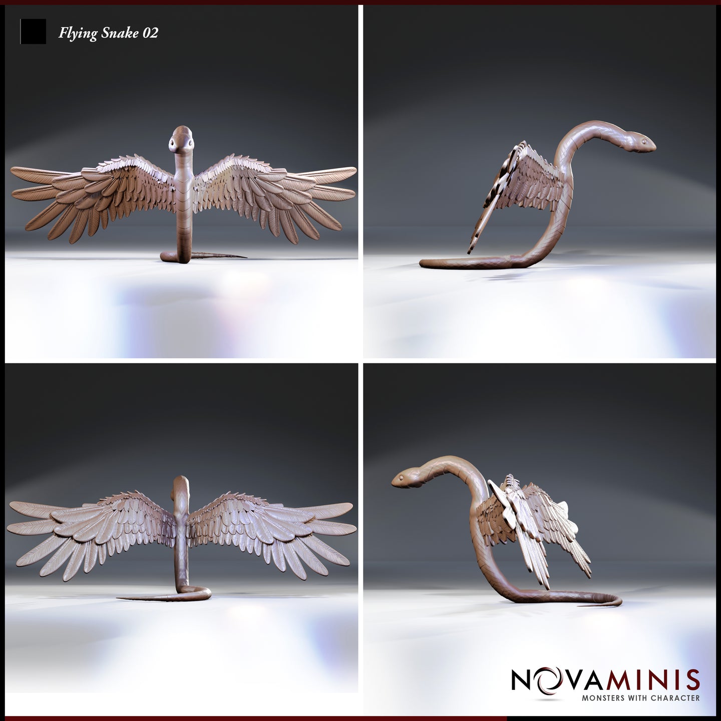 Four-angle digital render sheet of Flying Snake 02 by Novaminis showing front view with wings fully extended, side profile with neck arched, rear view showing full wing span and feather layering detail, and a second three-quarter view highlighting the viper head and belly scale texture