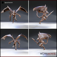 Four-angle digital render of Spined Devil 01 by Novaminis — front, side, rear and dynamic three-quarter views of a spined, winged devil clutching a trident, showing the full wing spread, barbed spines along spine and forearms, and avian head with bared teeth.