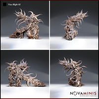 Four-angle digital render sheet of the Vine Blight 02 miniature by Novaminis showing front, back, side, and three-quarter views of the vine-and-thorn creature, highlighting the sweeping trailing mass of roots, the dense layered vine texture across the body, and the floral detail clustered around the upper form and crown