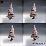 Four-angle digital render of Tree 10 by Novaminis showing front, back, and side views of the layered conifer terrain piece, highlighting the tiered foliage texture and twisted root structure at 32mm scale