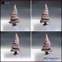 Four-angle digital render of Tree 10 by Novaminis showing front, back, and side views of the layered conifer terrain piece, highlighting the tiered foliage texture and twisted root structure at 32mm scale