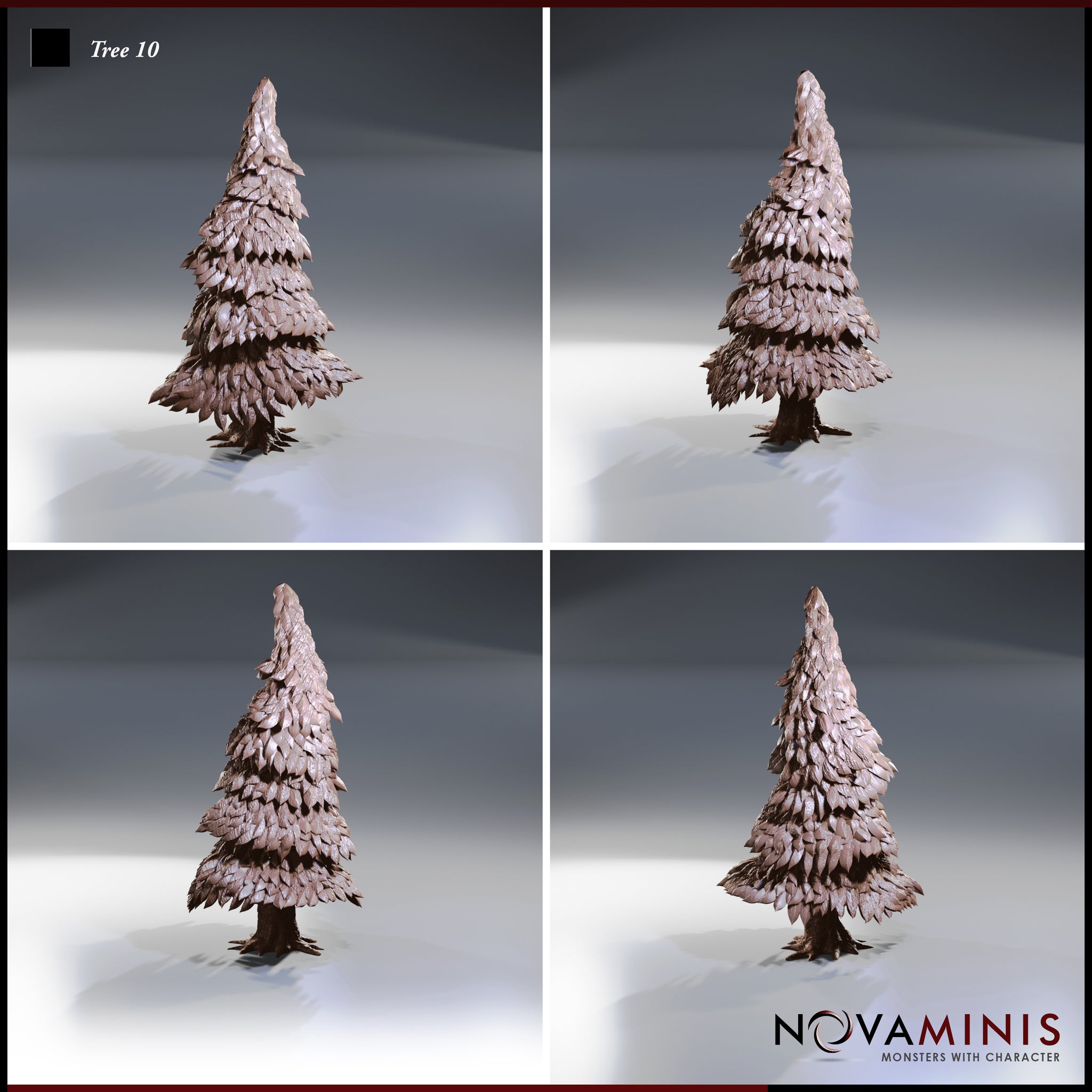 Four-angle digital render of Tree 10 by Novaminis showing front, back, and side views of the layered conifer terrain piece, highlighting the tiered foliage texture and twisted root structure at 32mm scale