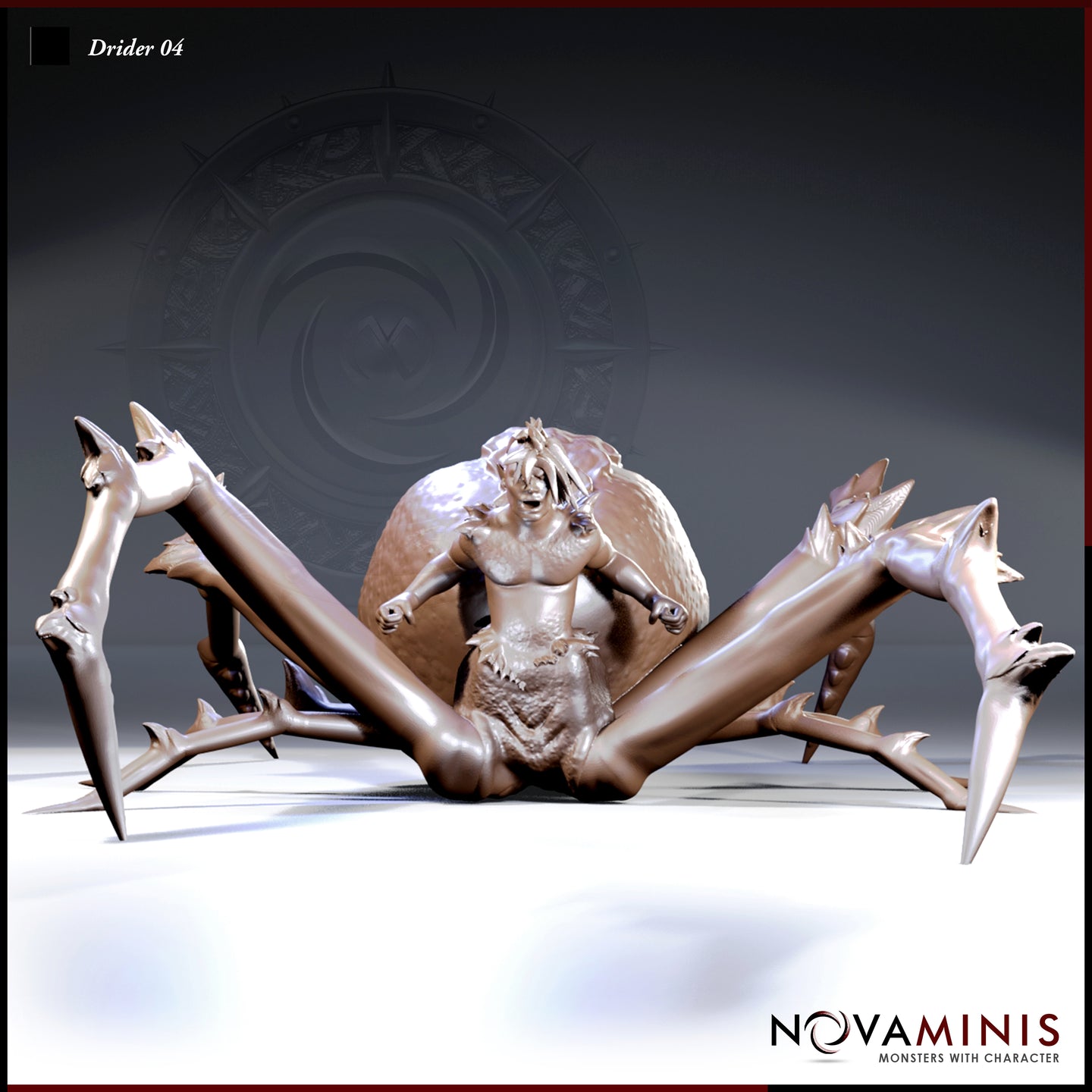 Front-facing digital render of Drider 04 by Novaminis — an unpainted resin miniature showing a drow woman with arms outstretched and mouth open in a scream, her lower body fusing into a large spider abdomen, eight barbed legs splayed wide across a flat base