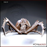 Front-facing digital render of Drider 04 by Novaminis — an unpainted resin miniature showing a drow woman with arms outstretched and mouth open in a scream, her lower body fusing into a large spider abdomen, eight barbed legs splayed wide across a flat base
