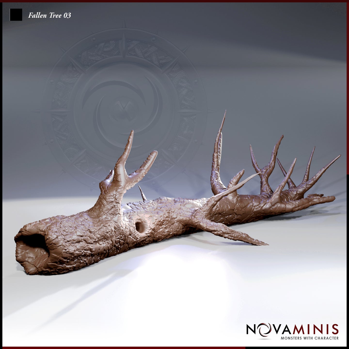 Digital render of Fallen Tree 03 by Novaminis — a long, hollow fallen log with deeply textured bark and multiple clusters of sharp, upward-pointing thorns along its length, shown from a three-quarter front angle in unpainted brown resin tone