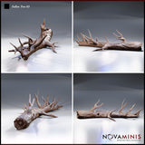 Four-angle digital render of Fallen Tree 03 by Novaminis showing the thorn-covered fallen log from front, rear, left, and right perspectives, highlighting the rotted hollow opening at one end and the irregular thorn formations along the trunk