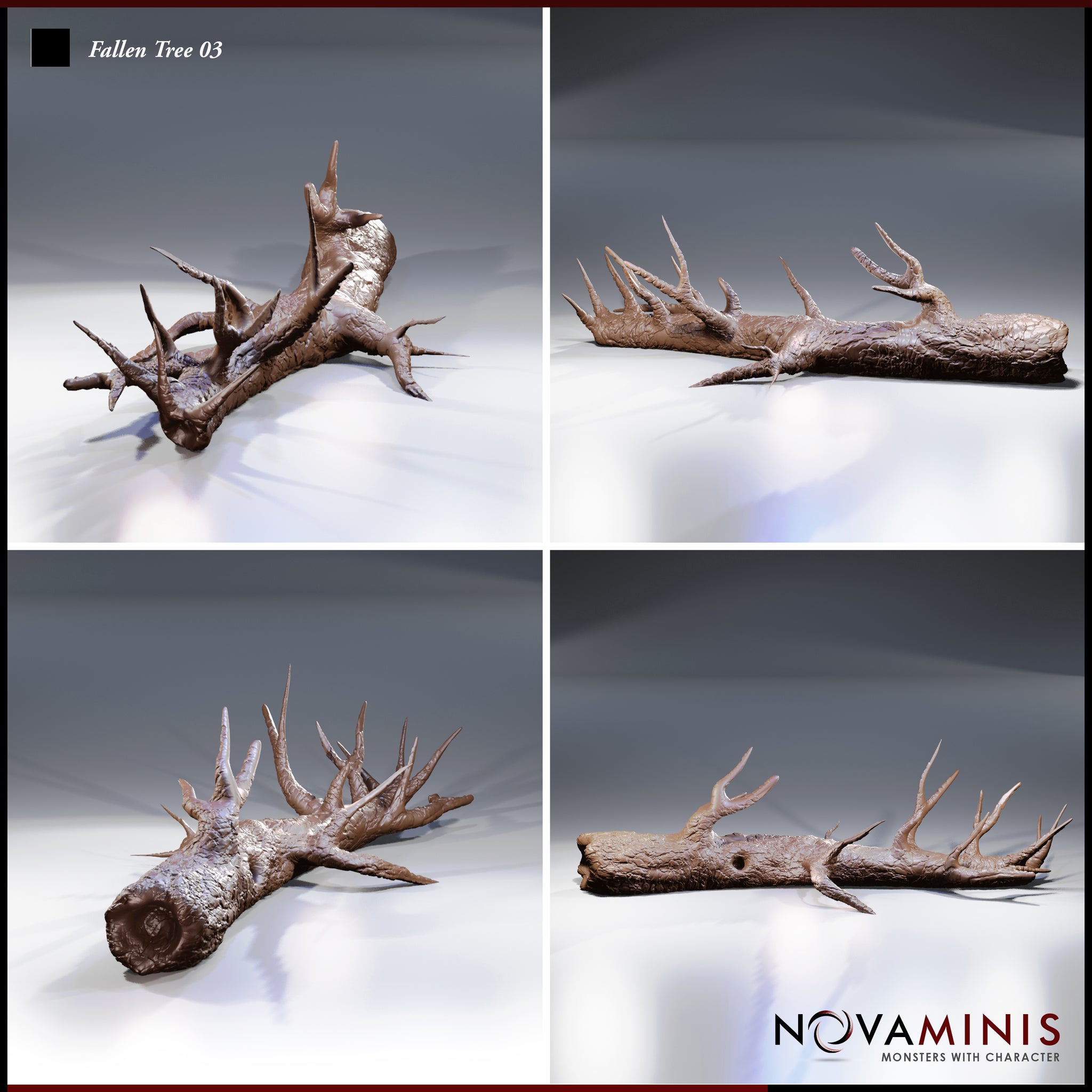 Four-angle digital render of Fallen Tree 03 by Novaminis showing the thorn-covered fallen log from front, rear, left, and right perspectives, highlighting the rotted hollow opening at one end and the irregular thorn formations along the trunk