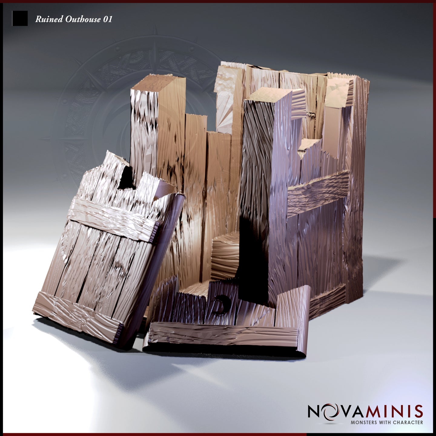 Front three-quarter digital render of the Ruined Outhouse 01 terrain piece by Novaminis, showing collapsed wooden walls with deeply textured wood-grain planks, a half-fallen door leaning outward, and jagged broken boards at the top — unpainted in warm brown and grey tones.