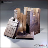 Front three-quarter digital render of the Ruined Outhouse 01 terrain piece by Novaminis, showing collapsed wooden walls with deeply textured wood-grain planks, a half-fallen door leaning outward, and jagged broken boards at the top — unpainted in warm brown and grey tones.
