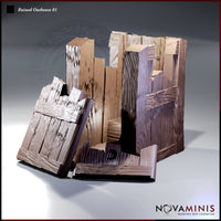 Front three-quarter digital render of the Ruined Outhouse 01 terrain piece by Novaminis, showing collapsed wooden walls with deeply textured wood-grain planks, a half-fallen door leaning outward, and jagged broken boards at the top — unpainted in warm brown and grey tones.