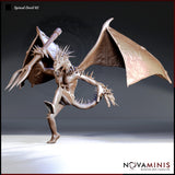 Digital render of Spined Devil 02 miniature by Novaminis — a winged devil with extensive body spines raising a trident overhead, wings swept back, weight shifted forward in an aggressive advancing pose. Unpainted sculpt shown from a three-quarter angle at 32mm scale.