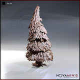Digital render of Tree 10 by Novaminis — a tall conifer miniature terrain piece with densely layered overlapping leaf clusters, a sharp pointed crown, and gnarled clawed roots at the base, shown in unprimed brown resin render from a three-quarter front angle