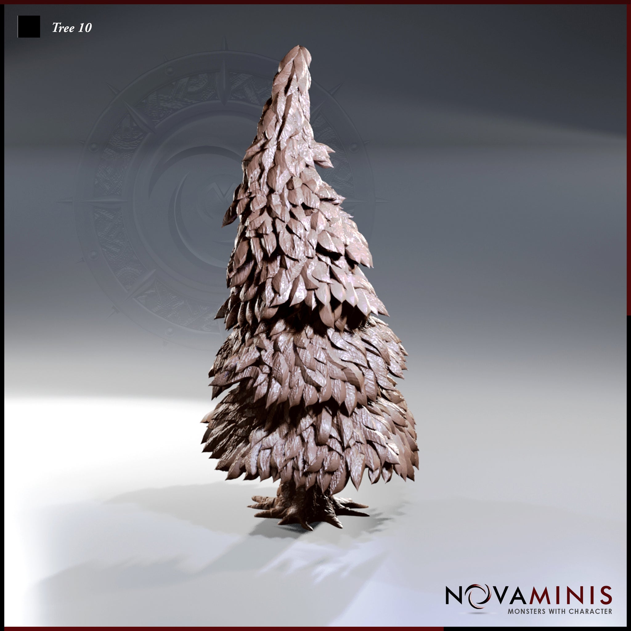 Digital render of Tree 10 by Novaminis — a tall conifer miniature terrain piece with densely layered overlapping leaf clusters, a sharp pointed crown, and gnarled clawed roots at the base, shown in unprimed brown resin render from a three-quarter front angle