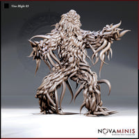 Digital render of Vine Blight 03 by Novaminis — an unpainted grey resin miniature of a large humanoid plant creature with arms spread wide, a writhing mass of knotted roots and thorned vines forming its body, small flowers dotting its torso, and a gaping maw of tangled tendrils at its crown. Viewed from the front at a slight angle.