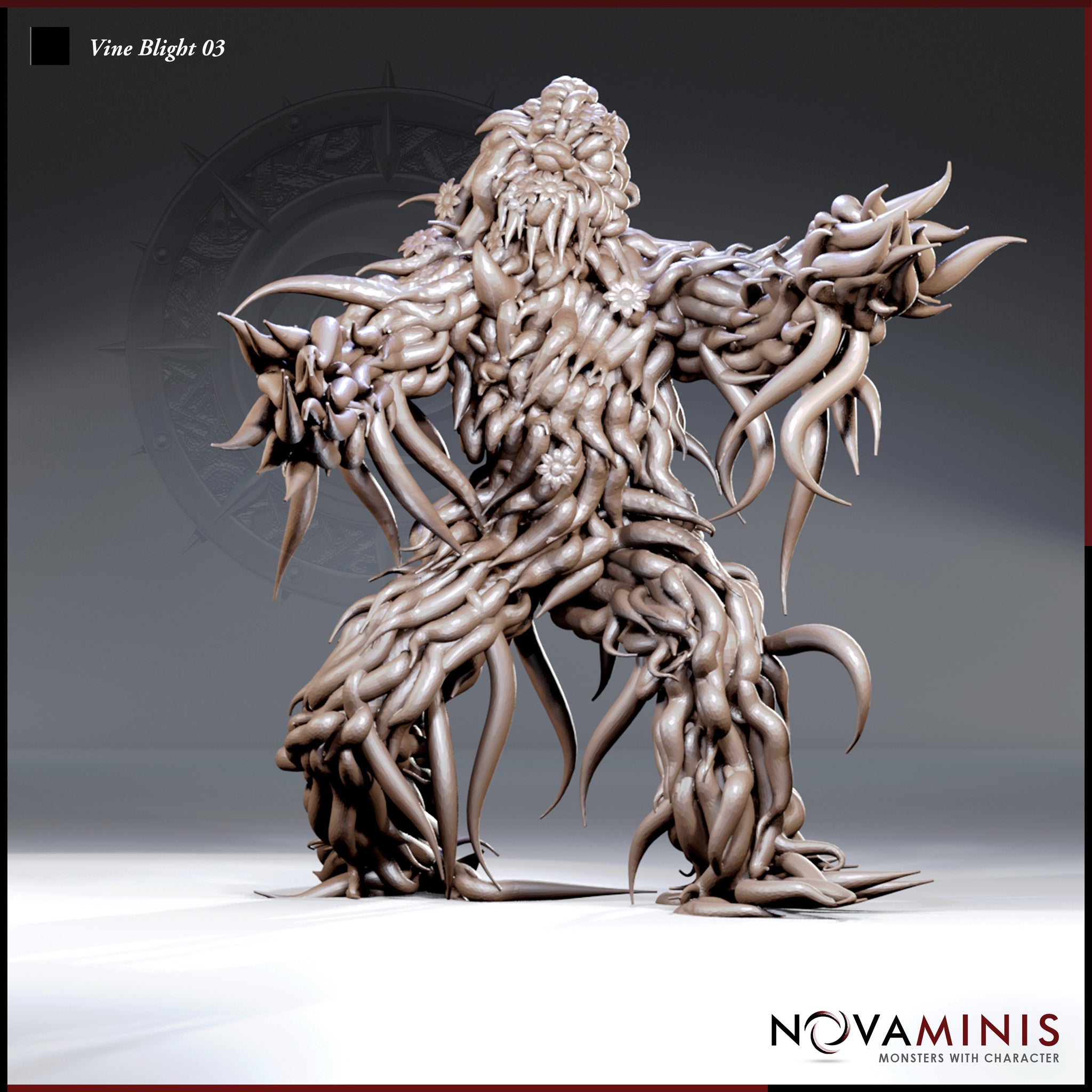 Digital render of Vine Blight 03 by Novaminis — an unpainted grey resin miniature of a large humanoid plant creature with arms spread wide, a writhing mass of knotted roots and thorned vines forming its body, small flowers dotting its torso, and a gaping maw of tangled tendrils at its crown. Viewed from the front at a slight angle.