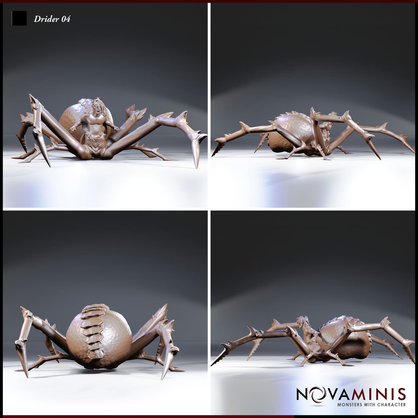 Four-angle digital render sheet of Drider 04 by Novaminis showing front, side, rear, and three-quarter views of the unpainted drider miniature — highlighting the bulbous spider abdomen, spiked barbed legs, and dramatic screaming upper body pose