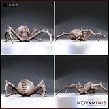 Four-angle digital render sheet of Drider 04 by Novaminis showing front, side, rear, and three-quarter views of the unpainted drider miniature — highlighting the bulbous spider abdomen, spiked barbed legs, and dramatic screaming upper body pose