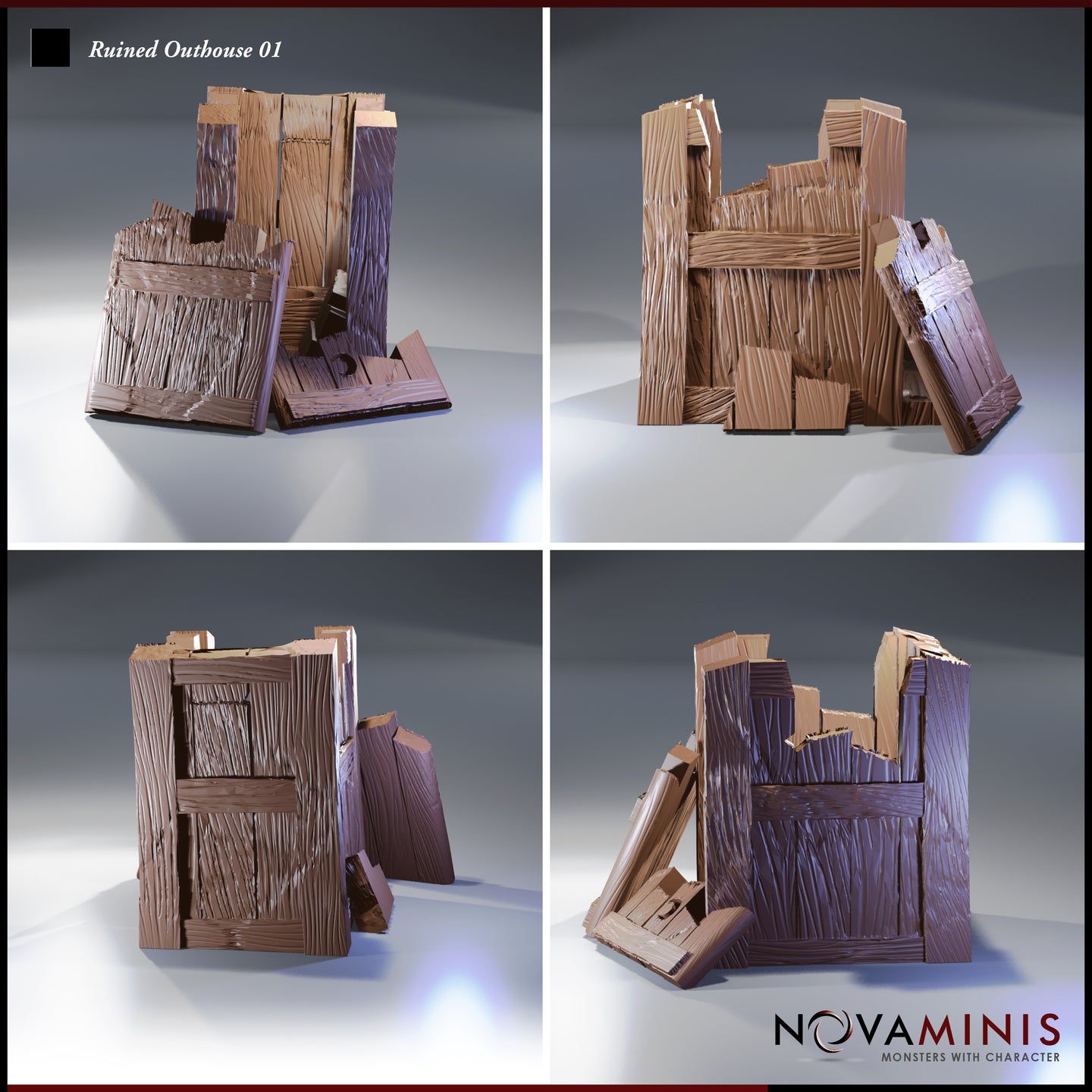 Four-angle digital render of the Ruined Outhouse 01 by Novaminis showing front, rear, left, and right views of the dilapidated wooden structure — rotting planks, broken walls, and a collapsed door visible from all sides, rendered unpainted in brown and grey resin tones.