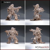 Four-angle digital render of Vine Blight 03 by Novaminis showing front, side, rear, and three-quarter views of the unpainted grey plant creature miniature — revealing the dense layered vine work across its back, the sweeping thorn-tipped arms, and the coiling root structure of its lower body from every direction.