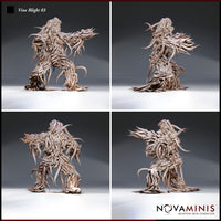 Four-angle digital render of Vine Blight 03 by Novaminis showing front, side, rear, and three-quarter views of the unpainted grey plant creature miniature — revealing the dense layered vine work across its back, the sweeping thorn-tipped arms, and the coiling root structure of its lower body from every direction.
