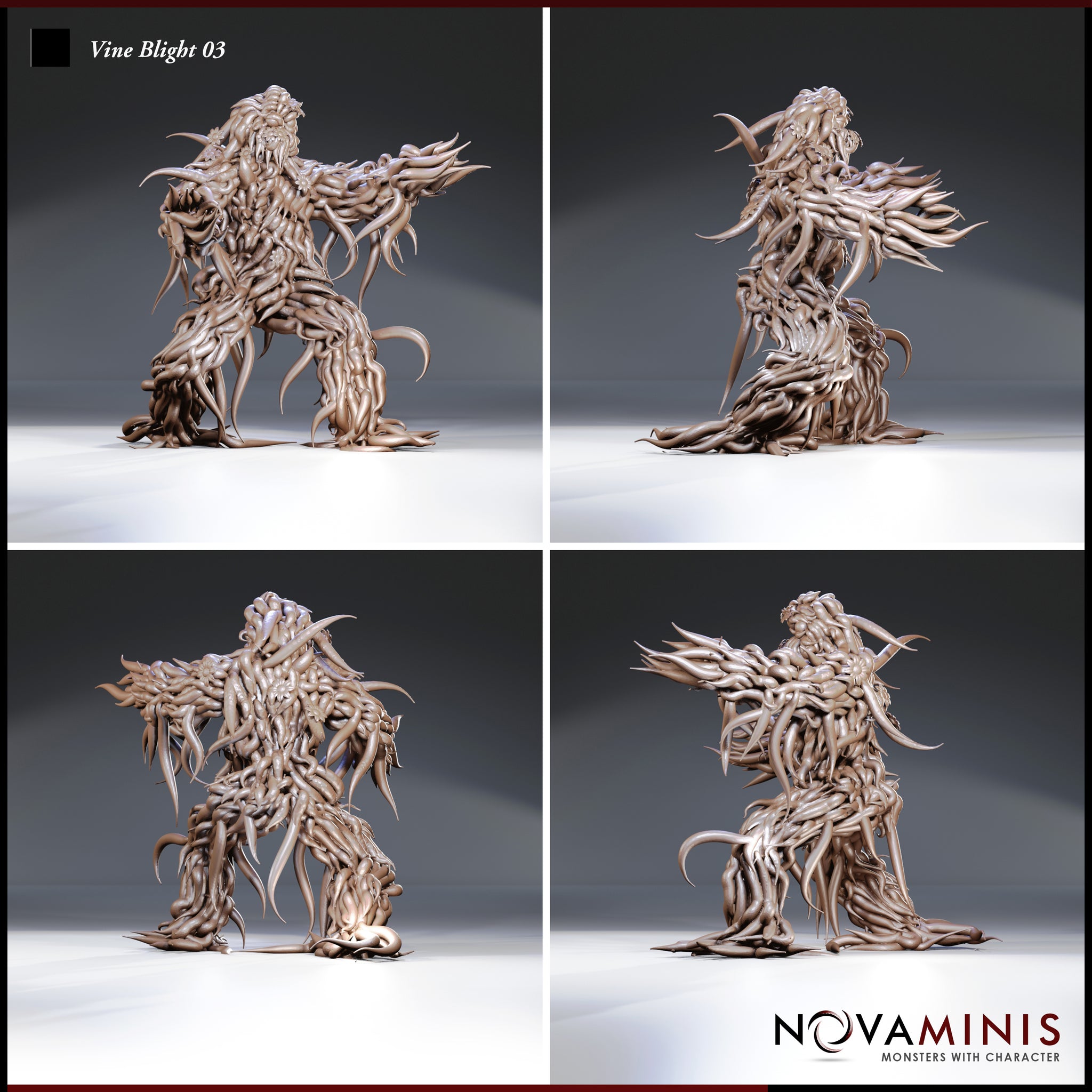 Four-angle digital render of Vine Blight 03 by Novaminis showing front, side, rear, and three-quarter views of the unpainted grey plant creature miniature — revealing the dense layered vine work across its back, the sweeping thorn-tipped arms, and the coiling root structure of its lower body from every direction.