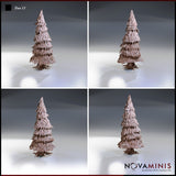 Four-angle digital render of Tree 11 by Novaminis showing the conifer terrain piece from front, rear, and side views, highlighting the dense overlapping foliage layers and textured bark base in unpainted clay finish