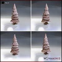 Four-angle digital render of Tree 11 by Novaminis showing the conifer terrain piece from front, rear, and side views, highlighting the dense overlapping foliage layers and textured bark base in unpainted clay finish