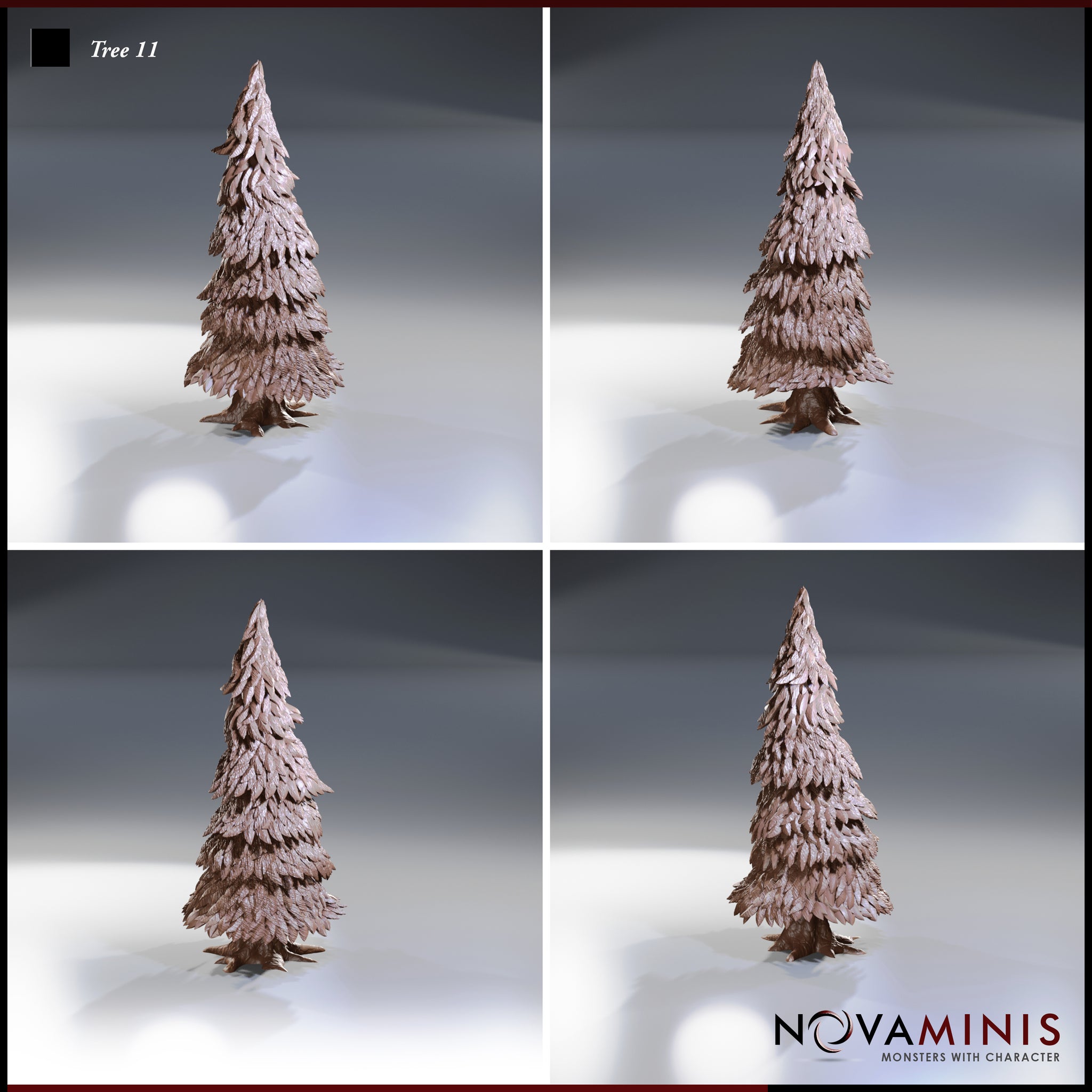 Four-angle digital render of Tree 11 by Novaminis showing the conifer terrain piece from front, rear, and side views, highlighting the dense overlapping foliage layers and textured bark base in unpainted clay finish