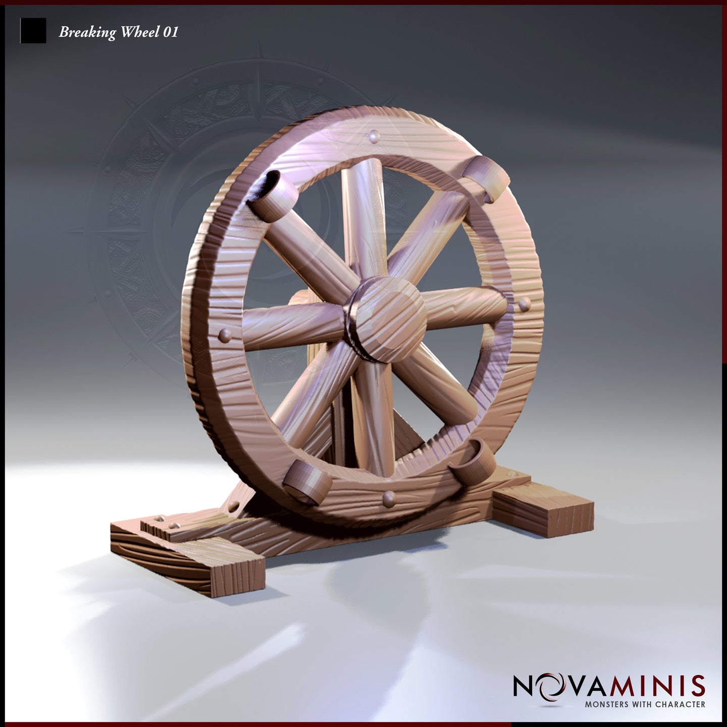 Digital render of Breaking Wheel 01 by Novaminis — a large wooden breaking wheel mounted upright on a cross-footed timber base, shown at three-quarter angle with detailed woodgrain texture across the spokes, rim, and frame