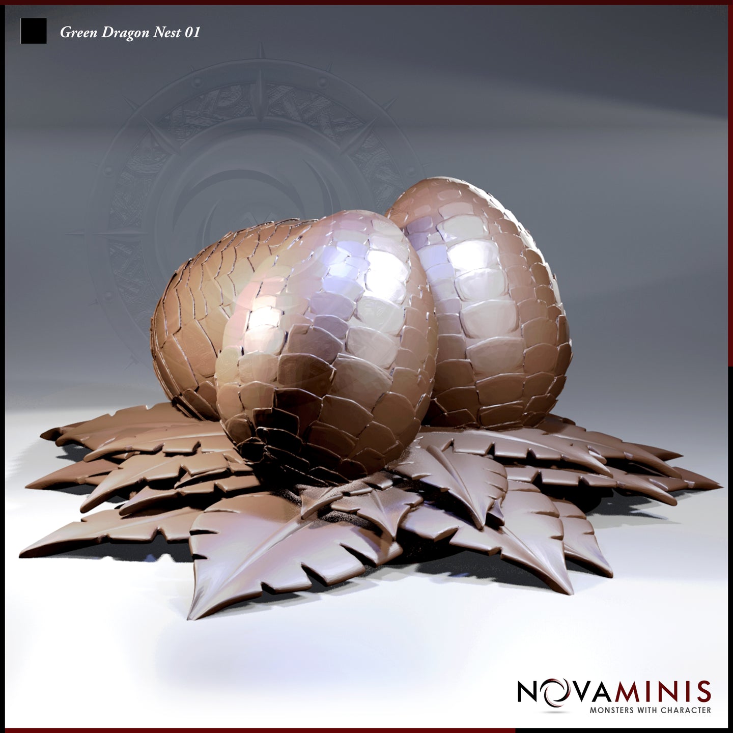 Digital render of the Green Dragon Nest 01 terrain piece by Novaminis — two large scaled dragon eggs resting in a broad nest of overlapping serrated leaves, shown in unpainted brown resin tones with a glossy sheen on the eggs