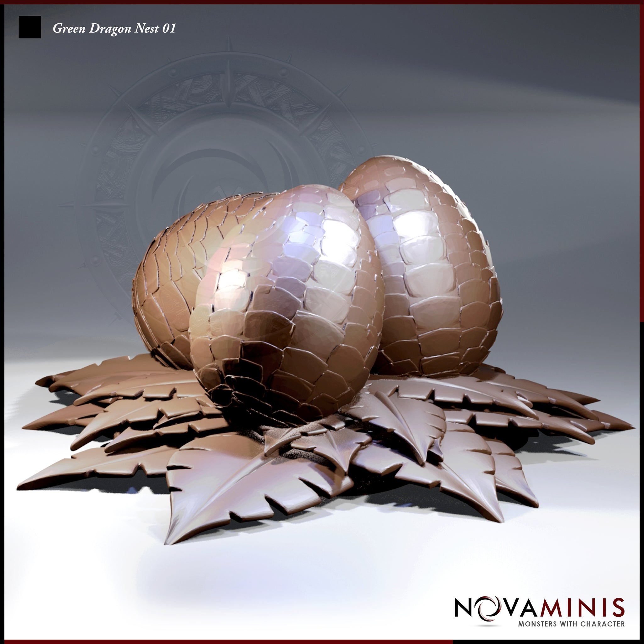 Digital render of the Green Dragon Nest 01 terrain piece by Novaminis — two large scaled dragon eggs resting in a broad nest of overlapping serrated leaves, shown in unpainted brown resin tones with a glossy sheen on the eggs
