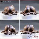 Four-angle digital render of the Green Dragon Nest 01 by Novaminis — showing front, side, and low-angle views of two scale-textured dragon eggs nestled in a leaf nest, highlighting the detail on both the egg surfaces and the layered leaf base
