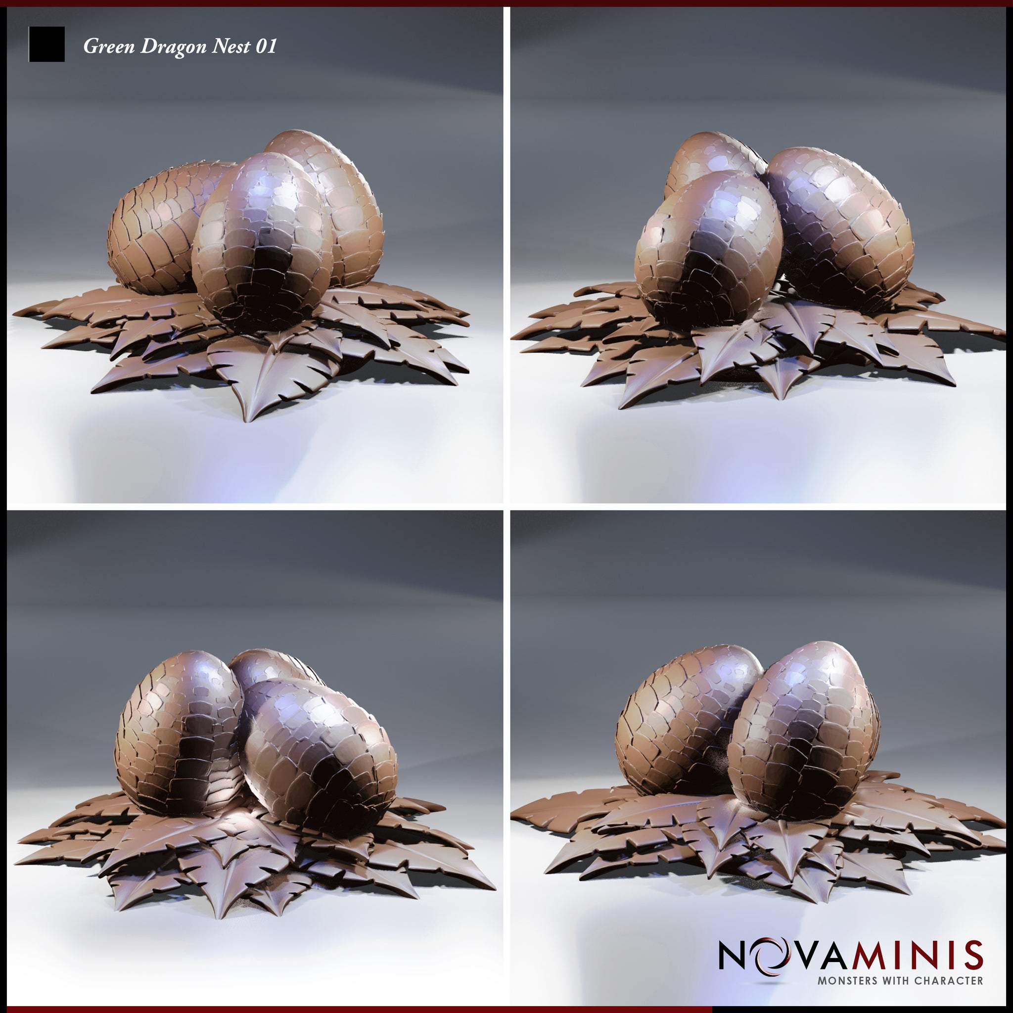 Four-angle digital render of the Green Dragon Nest 01 by Novaminis — showing front, side, and low-angle views of two scale-textured dragon eggs nestled in a leaf nest, highlighting the detail on both the egg surfaces and the layered leaf base