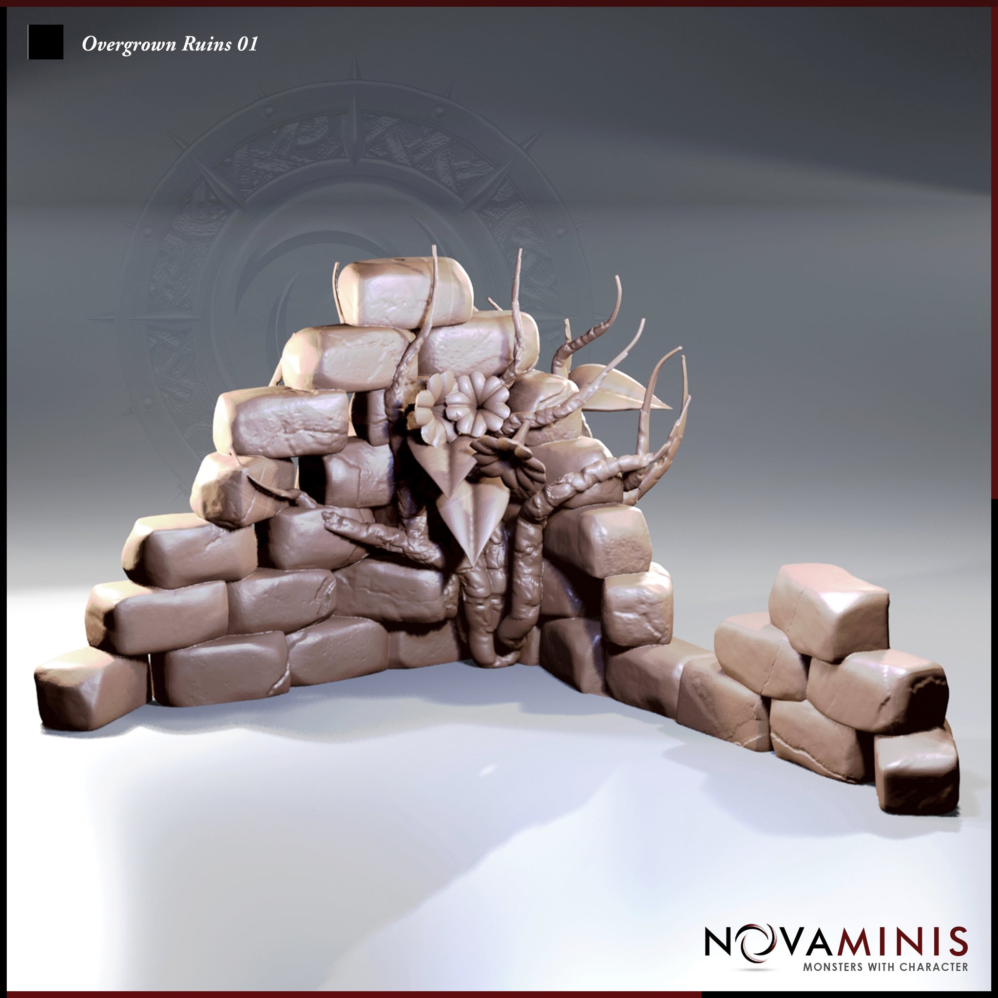 Digital render of Overgrown Ruins 01 tabletop terrain — a mound of tumbled ancient stone blocks with twisted branches, broad leaves, and a single eerie flower growing from the centre, with a smaller pile of loose stones to the right, shown in unpainted clay render