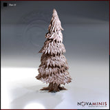 Digital render of Tree 11 by Novaminis — a tall layered conifer terrain piece with overlapping leaf tiers and gnarled roots, shown from a three-quarter angle in unpainted clay render