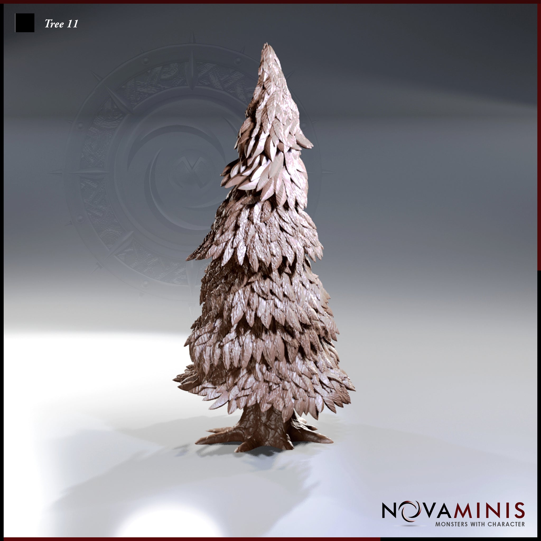 Digital render of Tree 11 by Novaminis — a tall layered conifer terrain piece with overlapping leaf tiers and gnarled roots, shown from a three-quarter angle in unpainted clay render