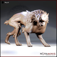 Digital render of Worg 02 miniature by Novaminis — a heavier-built wolf-beast in a wide low stance with a full lion-like feathered mane, deeply set eyes, prominent fangs, and richly textured layered quill-work across the spine, viewed from a three-quarter side angle