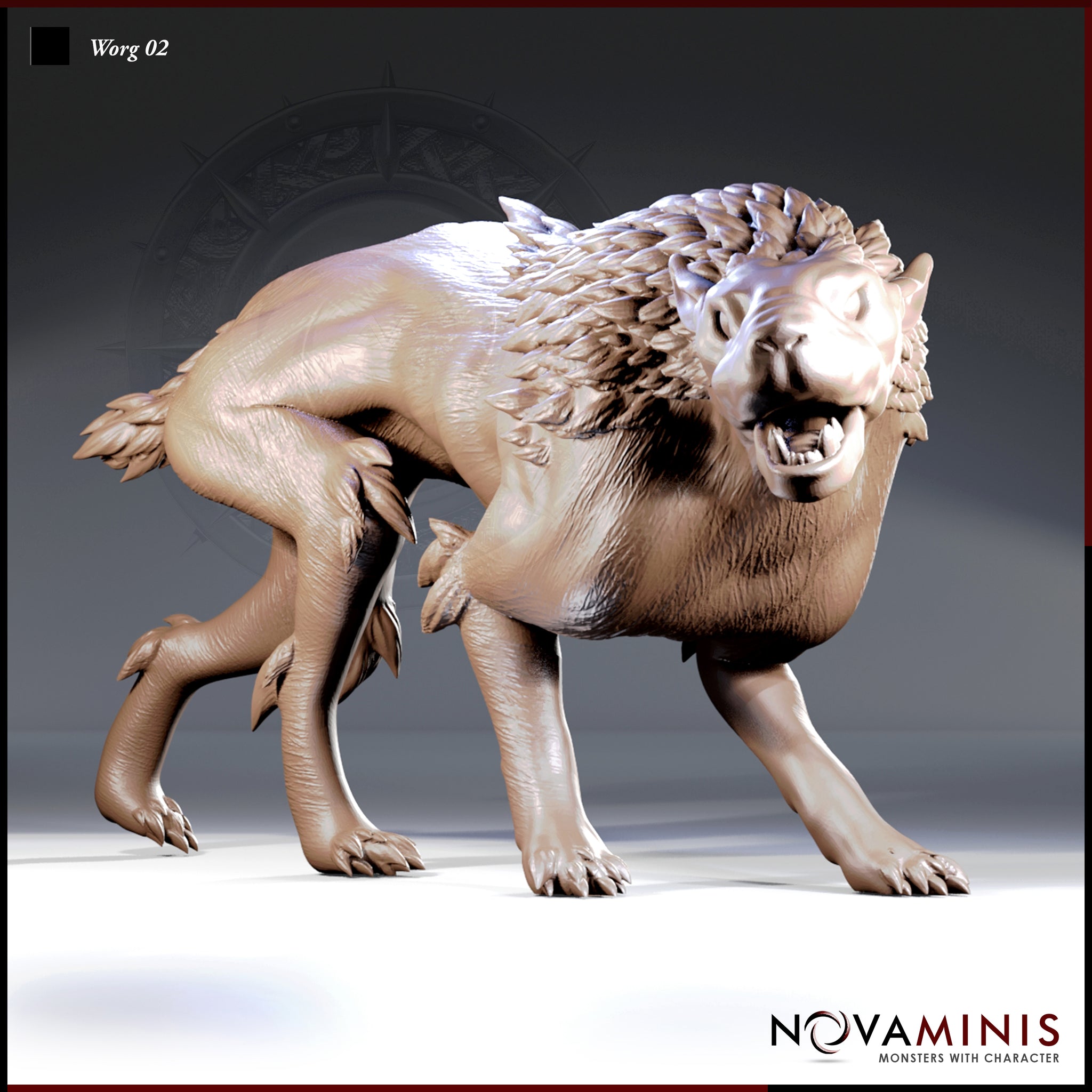 Digital render of Worg 02 miniature by Novaminis — a heavier-built wolf-beast in a wide low stance with a full lion-like feathered mane, deeply set eyes, prominent fangs, and richly textured layered quill-work across the spine, viewed from a three-quarter side angle