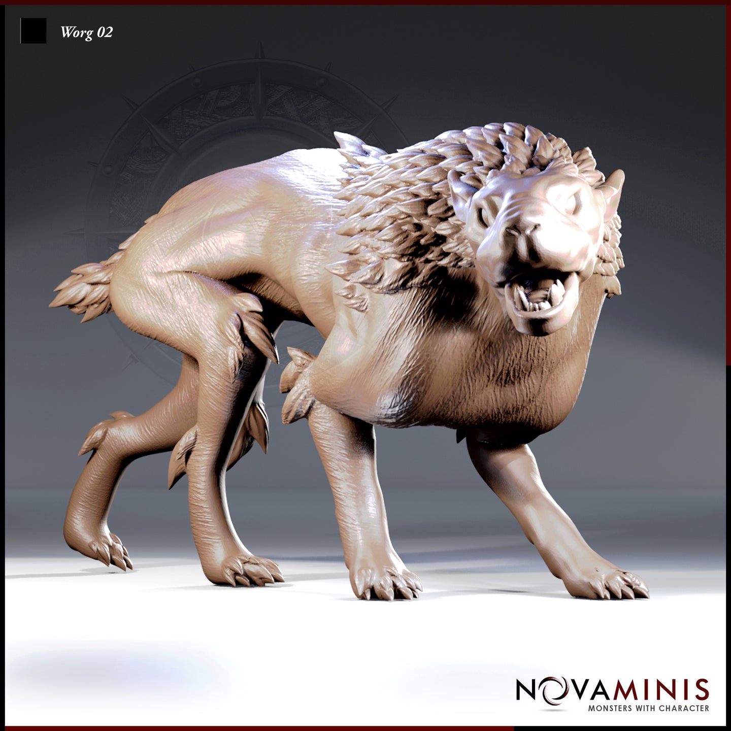 Digital render of Worg 02 miniature by Novaminis — a large wolf-like creature with a scaled mane running from head to shoulders, wide-set clawed feet, and a snarling open jaw, shown in a low forward-stalking pose against a neutral grey background