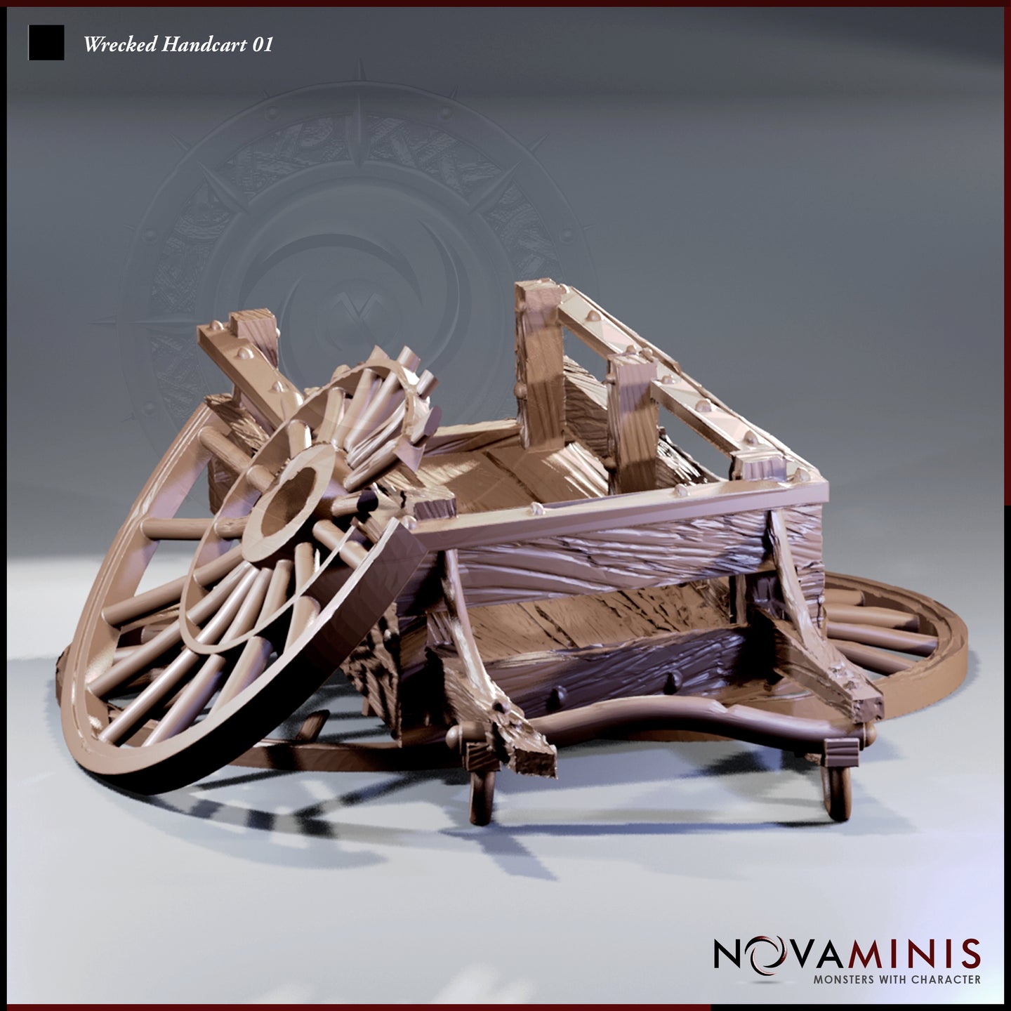 Digital render of a wrecked handcart tabletop terrain piece by Novaminis. The cart is shown collapsed and broken, with one large spoked wheel fallen free and leaning against the shattered frame, the second wheel flat on the ground. Split and splintered wooden planks cover the cart bed and sides, with detailed wood grain texture throughout. The model is unpainted in a neutral warm resin tone, shown from a three-quarter front angle against a grey studio background.