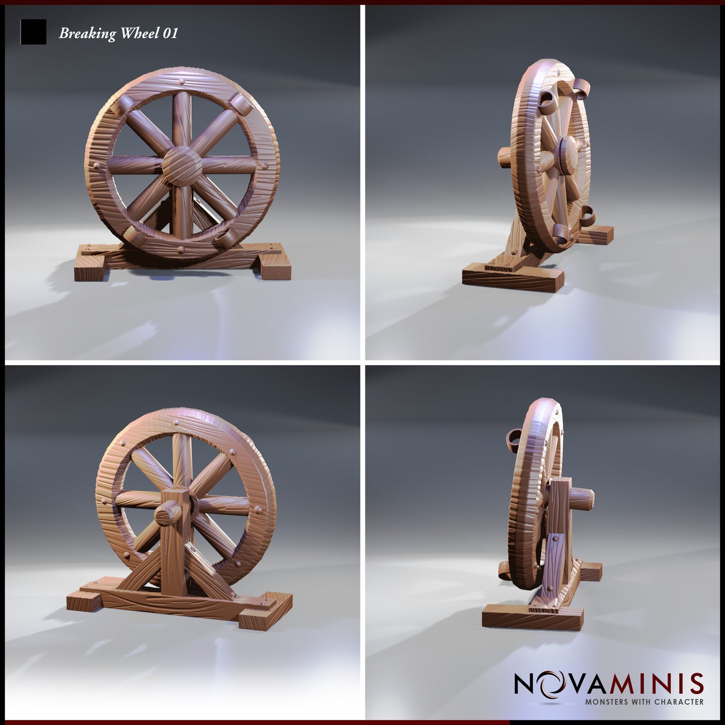 Four-angle digital render of Breaking Wheel 01 by Novaminis showing front, side, and rear views of the wooden breaking wheel scatter terrain piece, highlighting the spoke arrangement, textured rim, and sturdy base support structure