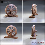 Four-angle digital render of Breaking Wheel 01 by Novaminis showing front, side, and rear views of the wooden breaking wheel scatter terrain piece, highlighting the spoke arrangement, textured rim, and sturdy base support structure