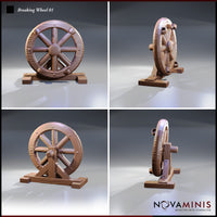 Four-angle digital render of Breaking Wheel 01 by Novaminis showing front, side, and rear views of the wooden breaking wheel scatter terrain piece, highlighting the spoke arrangement, textured rim, and sturdy base support structure