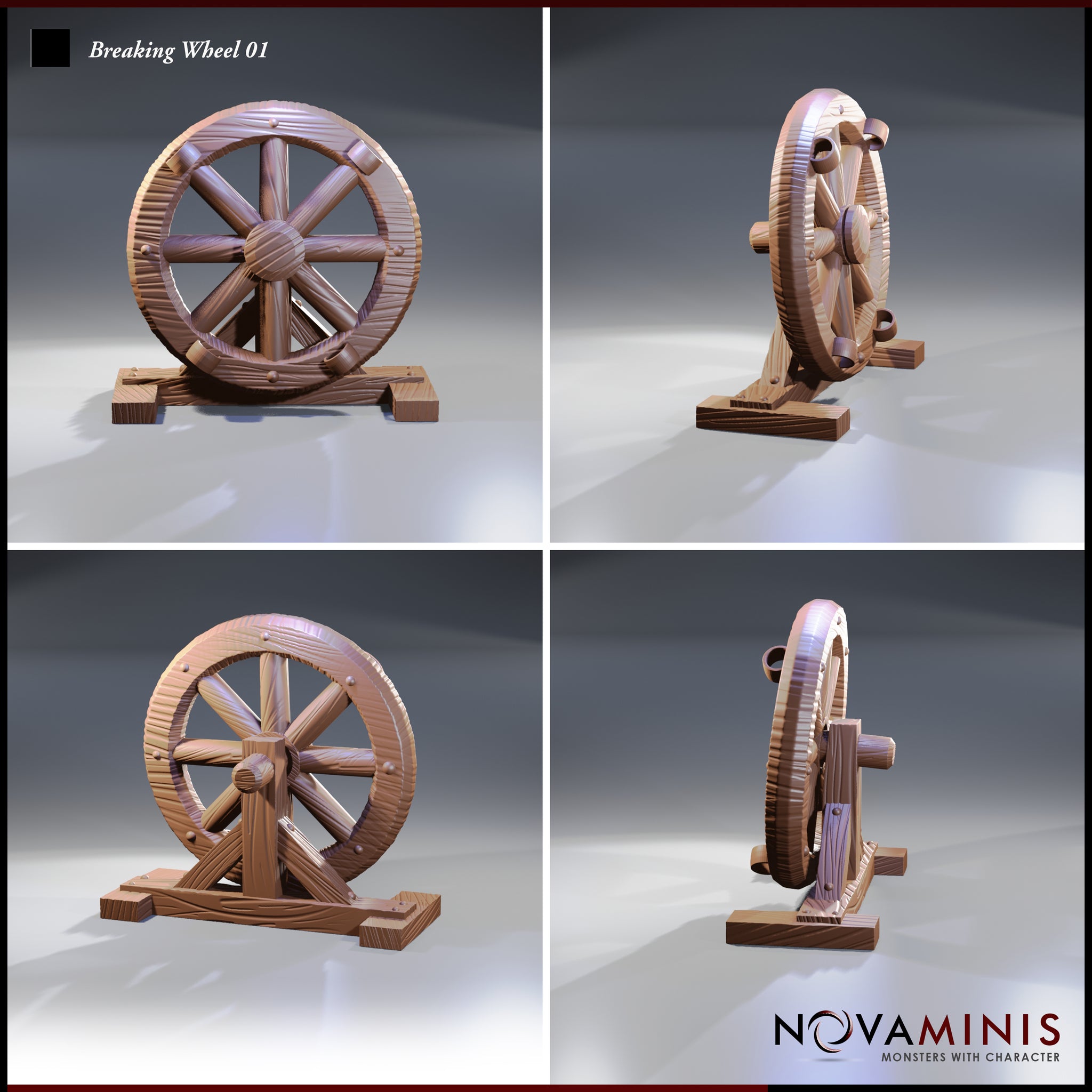 Four-angle digital render of Breaking Wheel 01 by Novaminis showing front, side, and rear views of the wooden breaking wheel scatter terrain piece, highlighting the spoke arrangement, textured rim, and sturdy base support structure