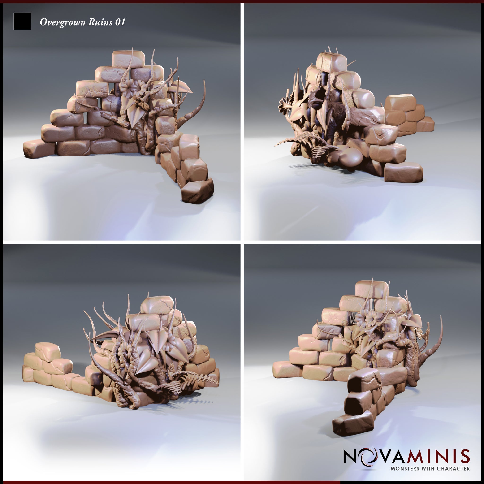 Four-angle digital render of Overgrown Ruins 01 terrain piece — front view showing vines and flower detail, side view revealing a skeletal form half-buried in the rubble, rear view with branching growth, and three-quarter view showing the full stone mound layout, all in unpainted clay render